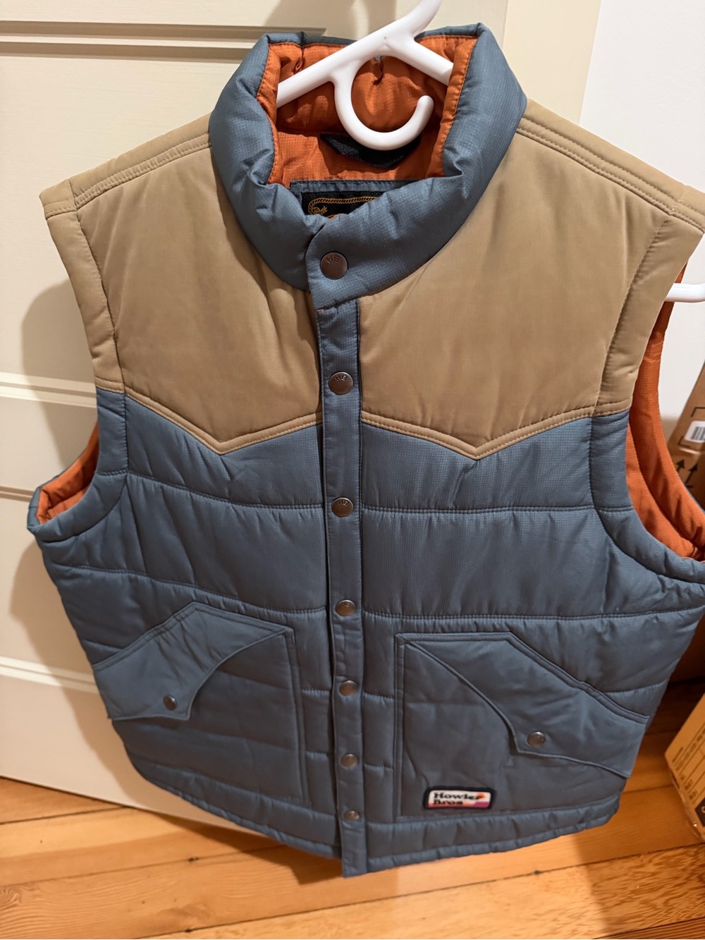 Howler Brothers Blue & Tan Quilted Puffer Vest with Orange Lining